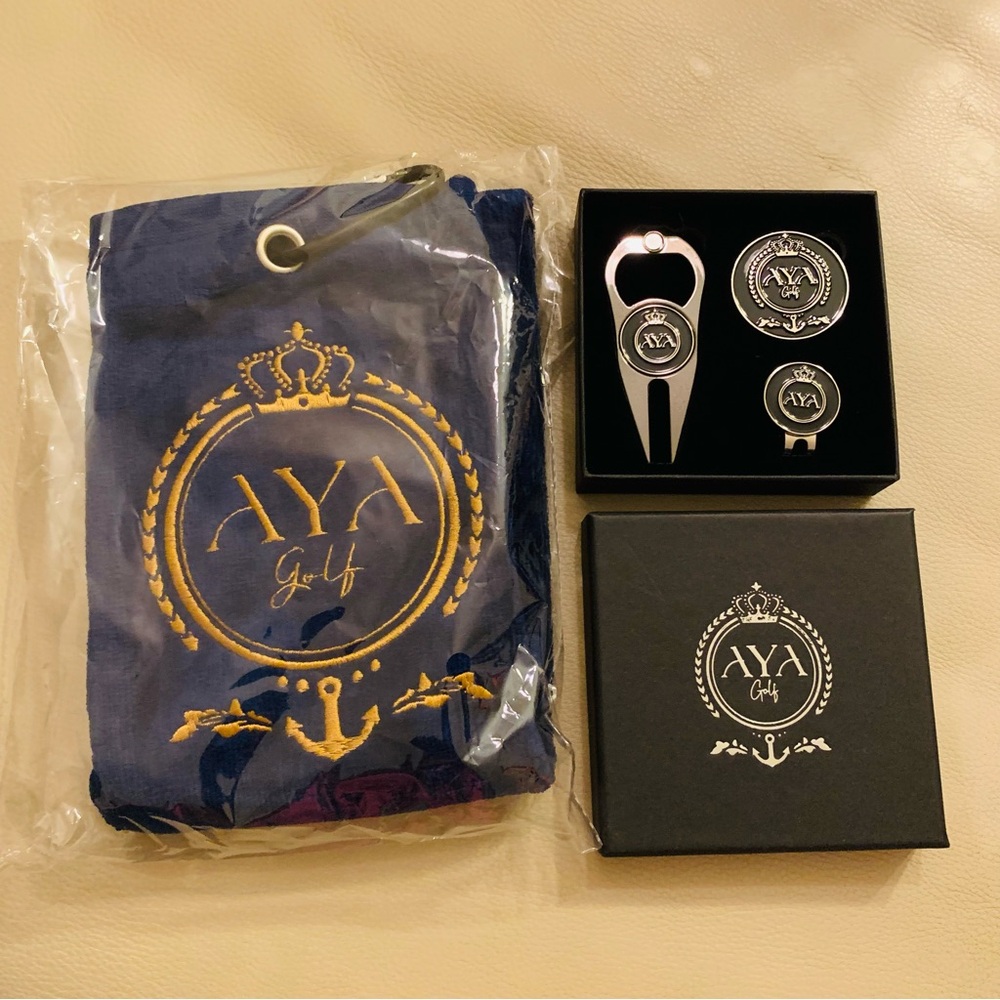 Golf Accessory Set - Blue and Gold/Silver 4 items NEW never used AYA golf